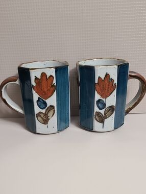 Vintage Speckled Hand-Painted Stoneware Floral Mugs in Blue and Orange Set of 2